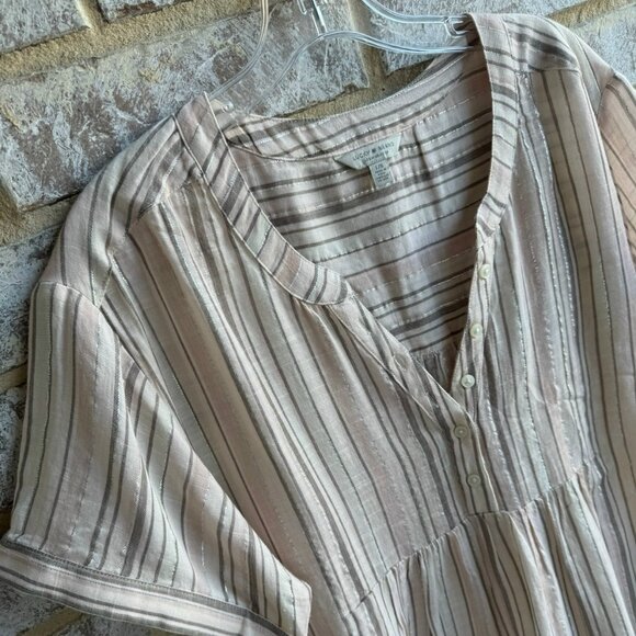 Lucky Brand Short Sleeve Split V-Neck Striped Boho Blouse Women's Size L - Picture 5 of 7